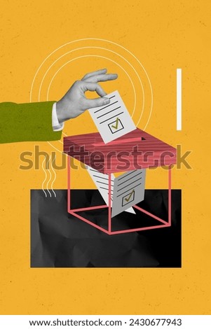 Creative template collage of voting box government election hand insert choice registration bulletin isolated on orange background