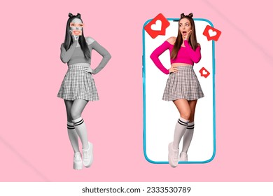 Creative template collage of weird bizarre lady blogger edit her picture post charming photos on instagram facebook profile - Powered by Shutterstock