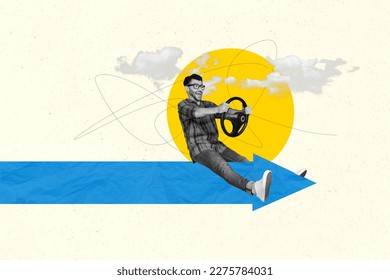 Creative template collage of young guy sit blue arrow directing making his route commute drive steering wheel