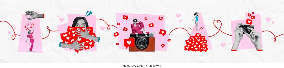 Creative template graphics collage image of funny ladies taking photos getting likes isolated pink color background