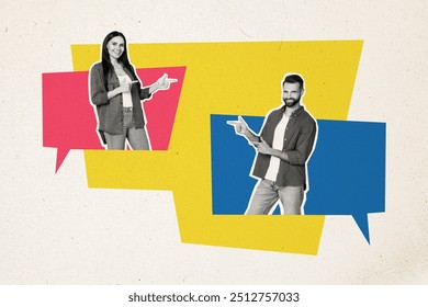 Creative template graphics collage image of confident workers communicating pointing fingers isolated white color background
