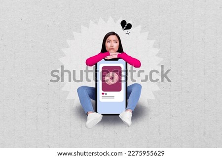 Creative template graphics collage image of stressed depressed lady getting no instagram twitter likes isolated drawing background