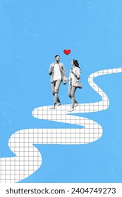 Creative template graphics collage of smiling adorable couple walking drinking morning coffee isolated blue color background