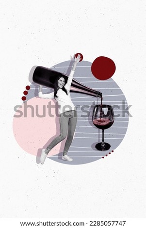 Creative template image collage of carefree young lady pouring bottle red gourmet wine party celebration concept
