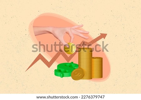 Creative template minimal collage photo of hand holding coin savings stack money tokens growing success economics isolated on drawing background