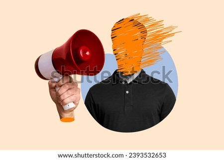 Creative template mockup image collage of loud megaphone announce wrong information mislead people with painted face