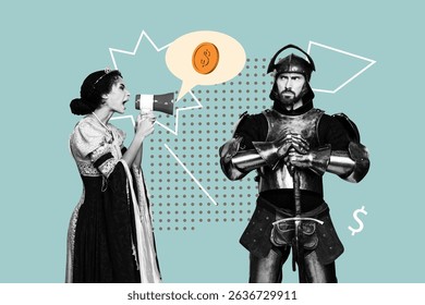 Creative template sketch 3D collage of medieval couple lay talk loudspeaker want money man knight stand dollars wealth budget earnings