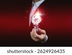 Creative thinking process concept. Businessman hold light bulb with gear icon. Meaning of excellent ideas, innovative design, and new inspiration in self-learning