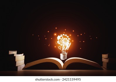 Creative thinking process. Light bulb with gear icon floating on book. Meaning of excellent ideas, innovative design and new inspiration in self-learning
