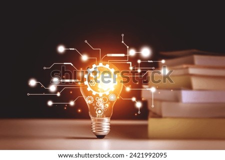 Creative thinking process. Light bulb with gear icon floating on book. Meaning of excellent ideas, innovative design and new inspiration in self-learning