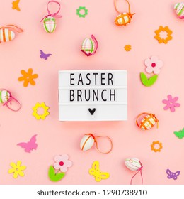 Creative Top View Flat Lay Holiday Composition Easter Brunch Text On Lightbox Pink Paper Background Copy Space Template Easter Day Seasonal Pattern