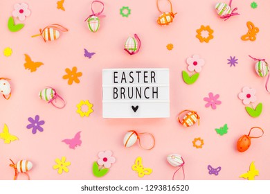 Creative Top View Flat Lay Holiday Composition Easter Brunch Text On Lightbox Pink Paper Background Copy Space Template Easter Day Seasonal Pattern