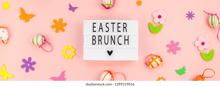 Creative Top View Flat Lay Holiday Composition Easter Brunch Text On Lightbox Pink Paper Background Copy Space Template Easter Day Seasonal Pattern