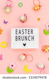 Creative Top View Flat Lay Holiday Composition Easter Brunch Text On Lightbox Pink Paper Background Copy Space Template Easter Day Seasonal Pattern