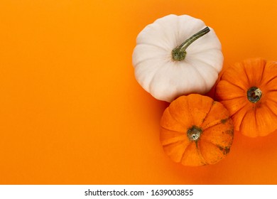 Creative Top view flat lay autumn composition. Frame made of pumpkins color paper background copy space. Template fall harvest thanksgiving halloween anniversary invitation cards.