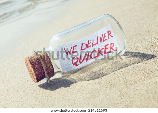 Creative transportation concept. Message in a\
bottle with text.