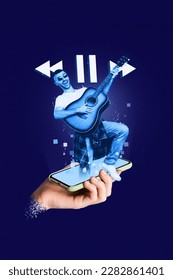 Creative trend 3d graphics collage of holographic futuristic modern app for listening music audio with young guy guitarist