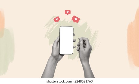 Creative trend abstract template collage of woman hand arm algorithm giving likes hearts reaction social media mobile phone smm strategy successful blogger. - Shutterstock ID 2248521763