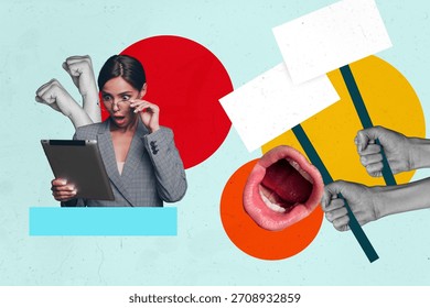 Creative trend artwork 3D collage sketch of activist protest citizen liberty government vote mouth scream young lady shocked hold tablet.
