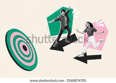 Creative trend artwork design 3D collage sketch of young man lady stand arrow way direction goal stats analyzing business trade achieve