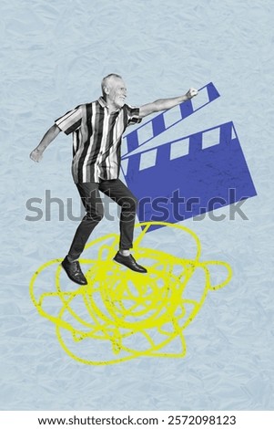 Creative trend artwork design 3D collage sketch of aged man actor stand fist hold clapboard cinema tool film movie cinematography industry