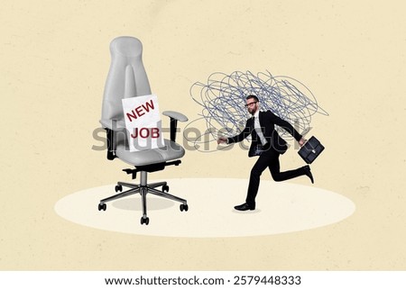 Creative trend artwork design 3D collage sketch of young man run new job vacancy candidate armchair hr entrepreneur hiring worker office