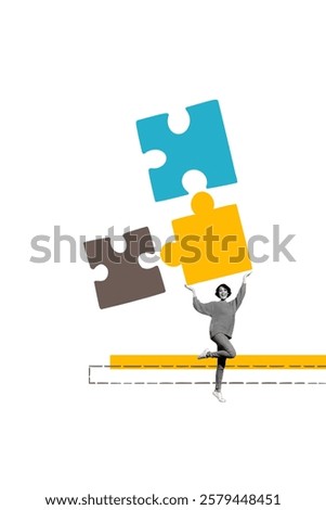 Creative trend artwork design 3D collage sketch of small size young lady stand hand hold puzzle piece solve jigsaw creative solution