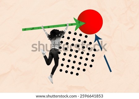 Creative trend artwork design 3D collage sketch of sign venture goal route way young lady run back two arrow show point copyspace dots