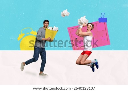 Creative trend artwork design 3D collage of two young man hand hold basket play basketball trash paper ball hr hiring worker office clock