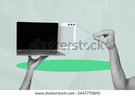 Creative trend artwork design 3D collage sketch of computer technology online internet virtual hand hold laptop hacking data information