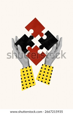 Creative trend artwork design 3D collage sketch of two hand hold piece match puzzle eureka creative challenge logic solution jigsaw.