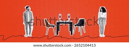 Creative trend artwork design collage sketch of romantic day love relationships date dinner cocktail table armchair young man lady stand