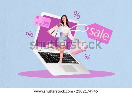 Creative trend collage of beautiful funny young female walk shopping bags laptop netbook online order enjoy sales fashion template metaphor