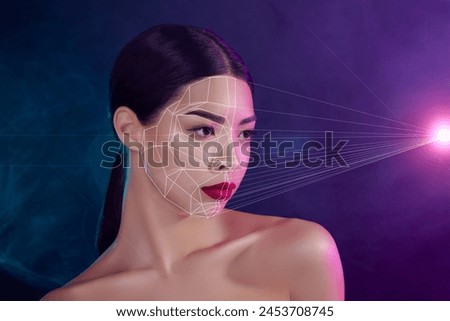 Creative trend collage of chic classy lady girlfriend misty neon nightclub scan face beauty device skin analyzing