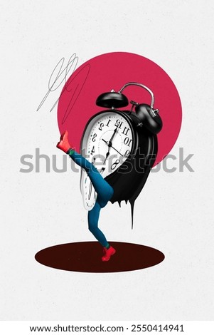 Creative trend collage of clock legs walking dancing deadline time management melt weird freak bizarre unusual fantasy