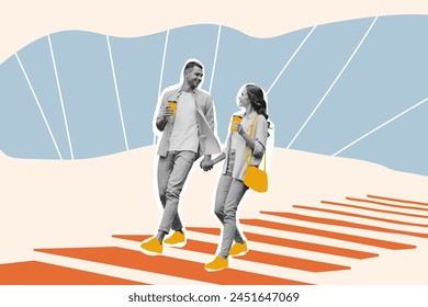 Creative trend collage of cute couple hold hands drink coffee spend time together weird freak bizarre unusual fantasy - Powered by Shutterstock