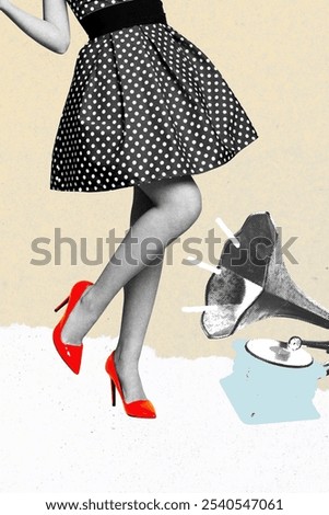Creative trend collage of dancing retro female high heels shoes gramophone music weird freak bizarre unusual fantasy
