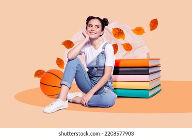 Creative Trend Collage Of Dreamy Cute Charming Pupil Schoolgirl Sitting Pile Stack Book Back School Year Day Basketball Poster Shopping