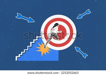 Creative trend collage of energetic determined woman jumping target business arrows hits ambitious worker stairs career entrepreneur