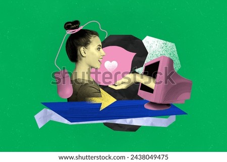 Creative trend collage of female heart love dating application find love computer monitor mouse workplace bizarre unusual fantasy billboard