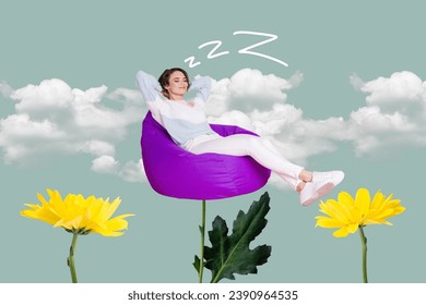 Creative trend collage of funny female hands behind head relax sleeping bean bag aroma therapy flowers bizarre unusual fantasy billboard