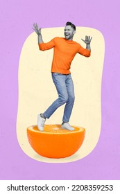 Creative Trend Collage Of Funny Funky Young Man Dancing Have Fun Orange Half Citrus Fruit Tangerine Tropical Party Disco Drawing Background