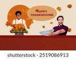 Creative trend collage of funny man cooking turkey guests thanksgiving day celebration holiday concept weird freak bizarre unusual fantasy