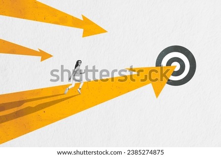 Creative trend collage of funny young female running way arrow point career goal target surrealism template metaphor artwork concept