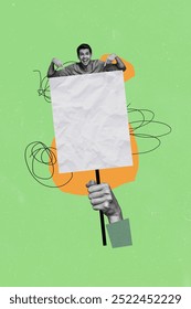 Creative trend collage of hand hold protest revolution plate banner shoping weird freak bizarre unusual fantasy