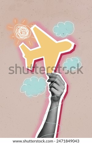 Creative trend collage of hand hold plane travelling agent summer vacation weird freak bizarre unusual fantasy