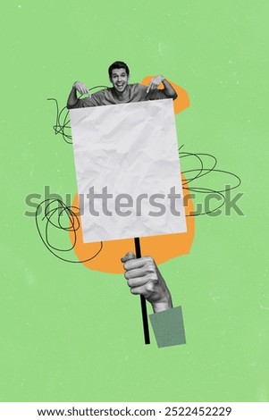 Creative trend collage of hand hold protest revolution plate banner shoping weird freak bizarre unusual fantasy