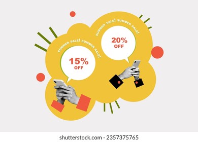 Creative trend collage of hands holding mobile phone telephone eshopping 15 20 percent off ecommerce super price magazine template sketch