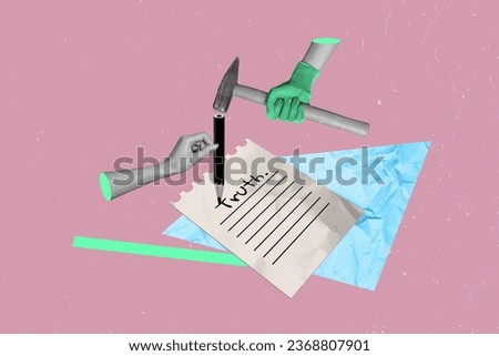 Creative trend collage of hands holding pencil hammer hit writing paper sheet reveal truth reporter journalist letters words blogger writer