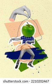 Creative Trend Collage Of Man Green Apple Instead Head Puppet Marionette Big Hand Control Juice Alcohol Beverage Advert Promo